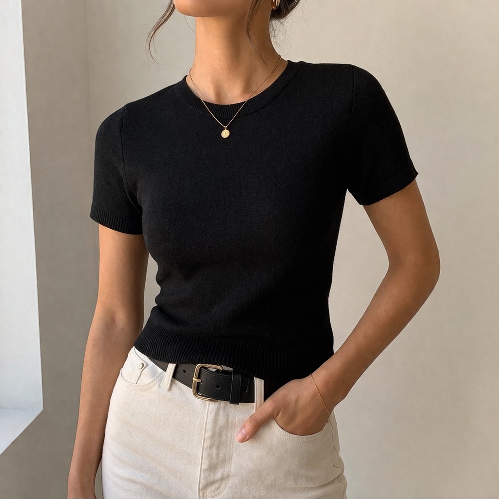 Cable & Gauge Knit Black Short Sleeve Sweater S Minimalist Capsule Quiet Luxury